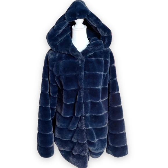 Laundry By Shelli Segal Hooded Faux Fur Coat In Color Blue Size Large - Picture 7 of 9